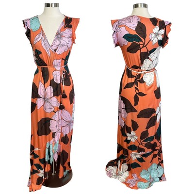 Maaji Swim SMALL Coral Pink Floral Short Ruffle Sleeve Wrap Dress Beach Coverup