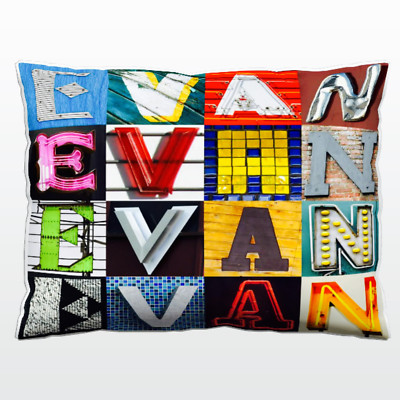 Personalized Pillow featuring the name EVAN in photos of actual sign letters