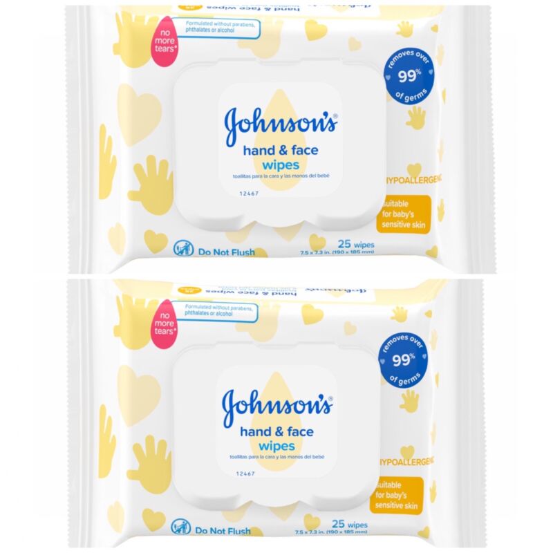 Johnsons Hand & Face Baby Cleansing Wipes Paraben Free 190 x 185mm 25 ct 2 Pack