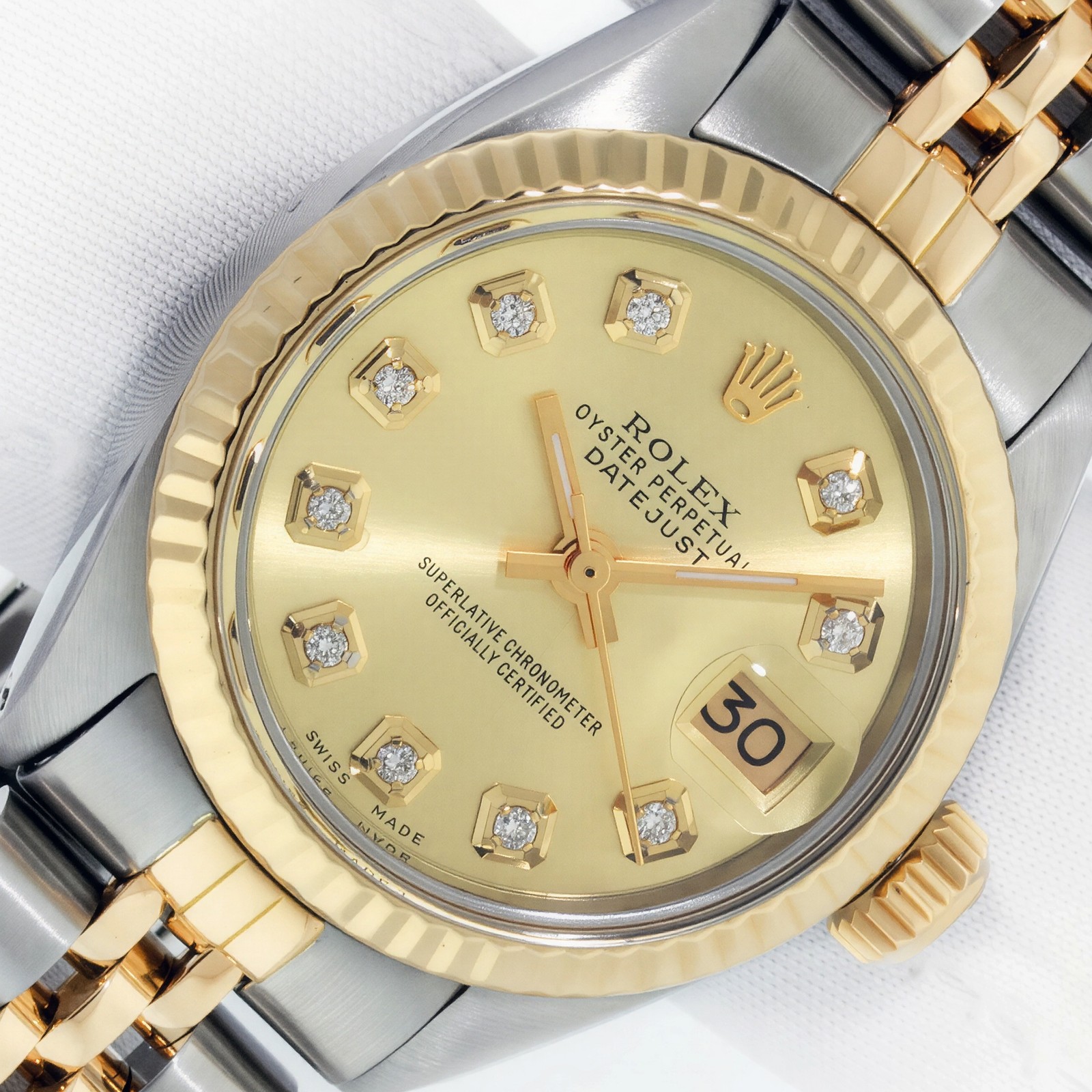 ROLEX LADY DATEJUST CHAMPAGNE DIAMOND DIAL STEEL & 18K GOLD FLUTED BEZEL WATCH