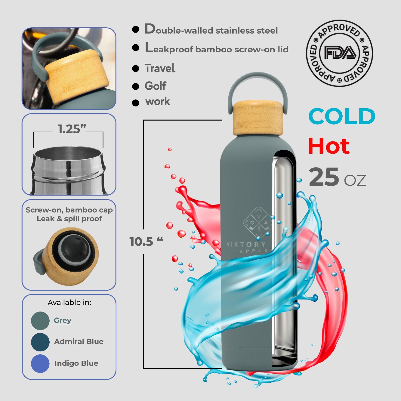 Premium, Double-Walled, Vacuum Sealed, Insulated Water Bottle - 25 oz (750 ml)