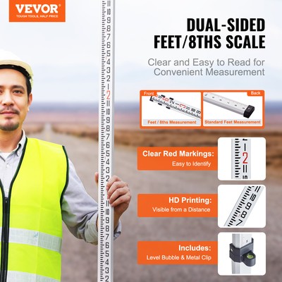 VEVOR Measuring Rod 9 Feet 8ths 3 Sections Telescopic Grade Rod 1/8in w/ Bag