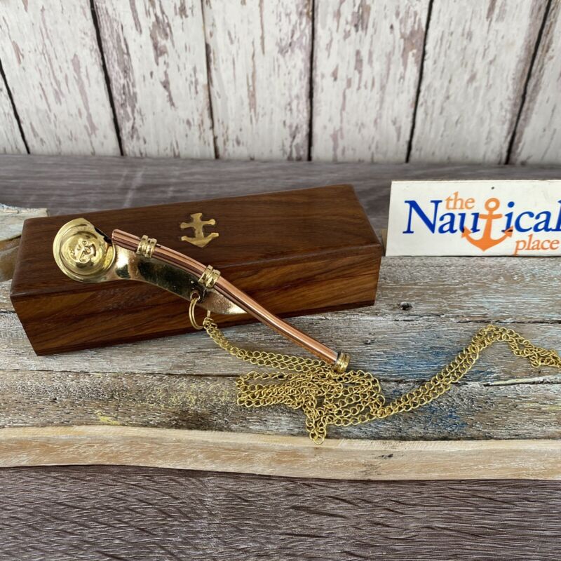 Brass / Copper  Bosun Call w/ Box ~ Boatswains Whistle ~ Nautical Navy Necklace