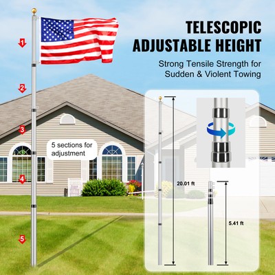 VEVOR 20FT Telescopic Flagpole Kit Heavy Duty Aluminum Flag Pole American Silver