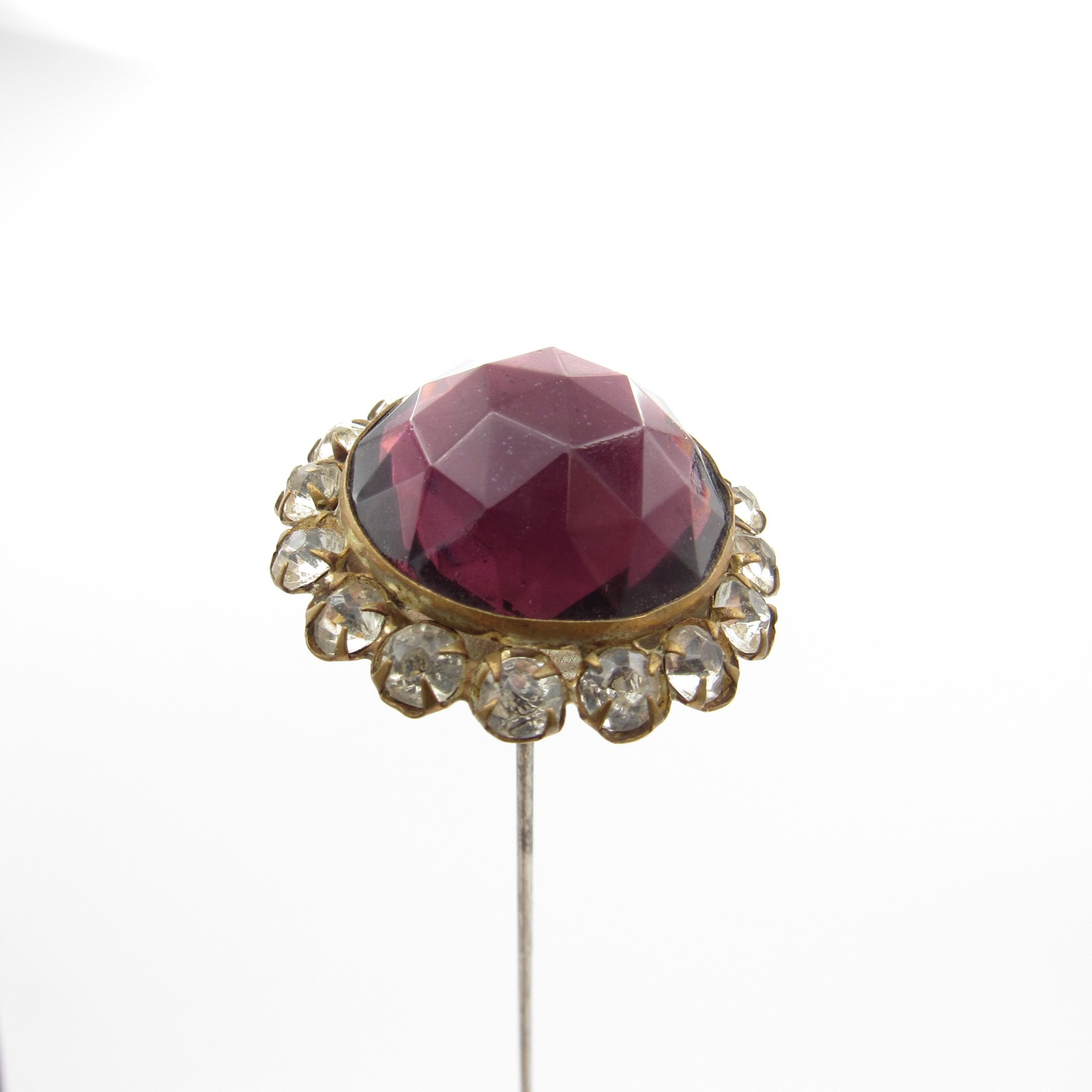 LARGE FACETED PURPLE STONE Surrounded by Rhinestone Ring, Hat Pin, HATPIN