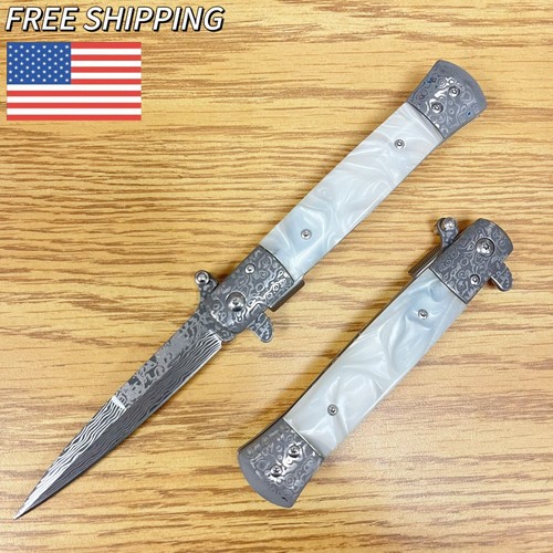 9" Milano Damascus Spring Assisted Open White Folding EDC Pocket Stiletto Knife
