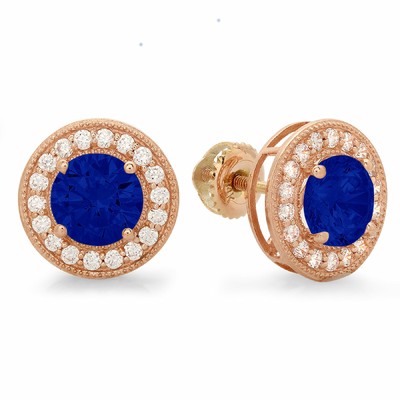 Pre-owned Pucci 1.18 Round Cut Halo Simulated Blue Sapphire Designer Stud Earrings 14k Rose Gold