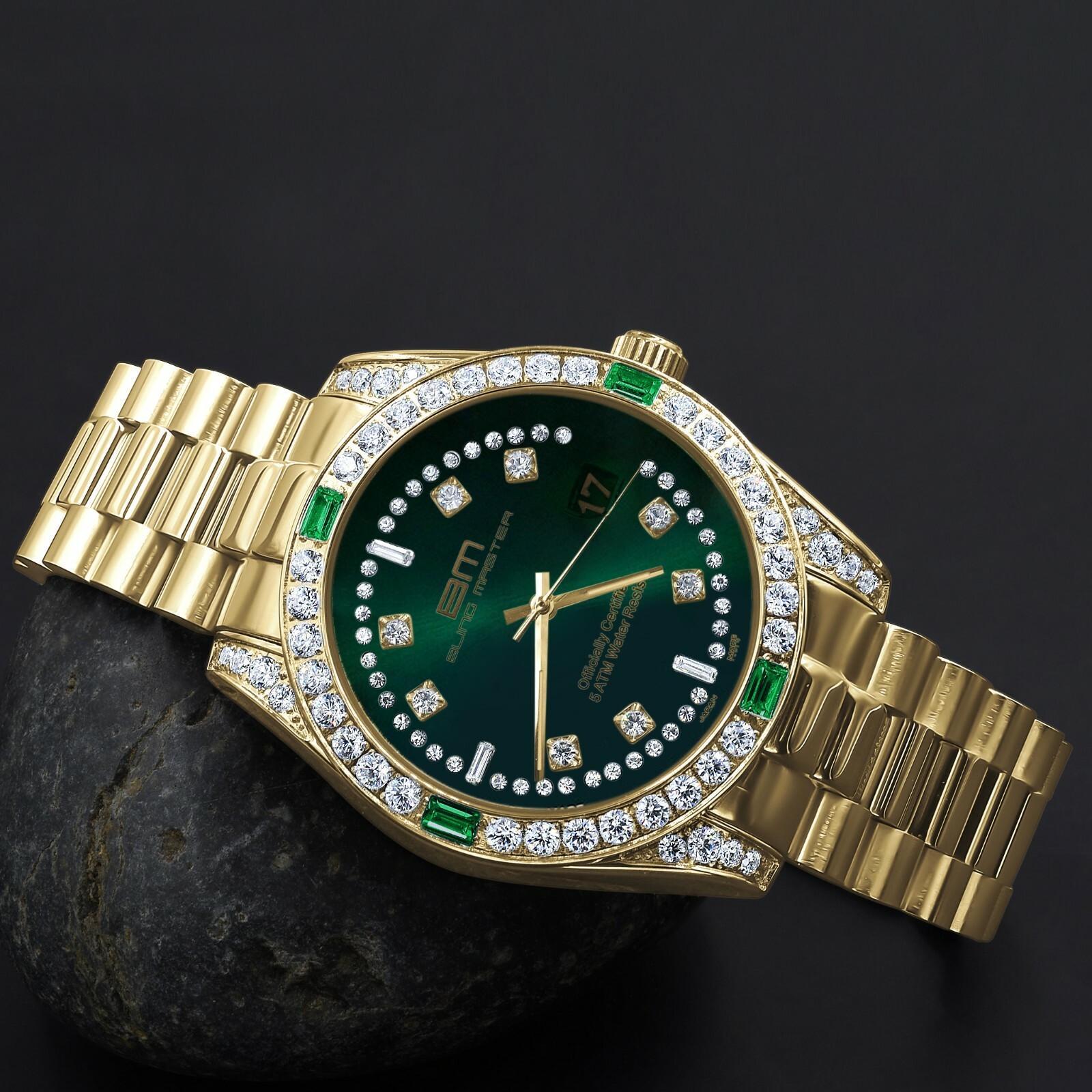 Pre-owned Bling Master Mens Solid Steel 18k Gold Tone Green Dial Simulated Diamond President Watch 40mm