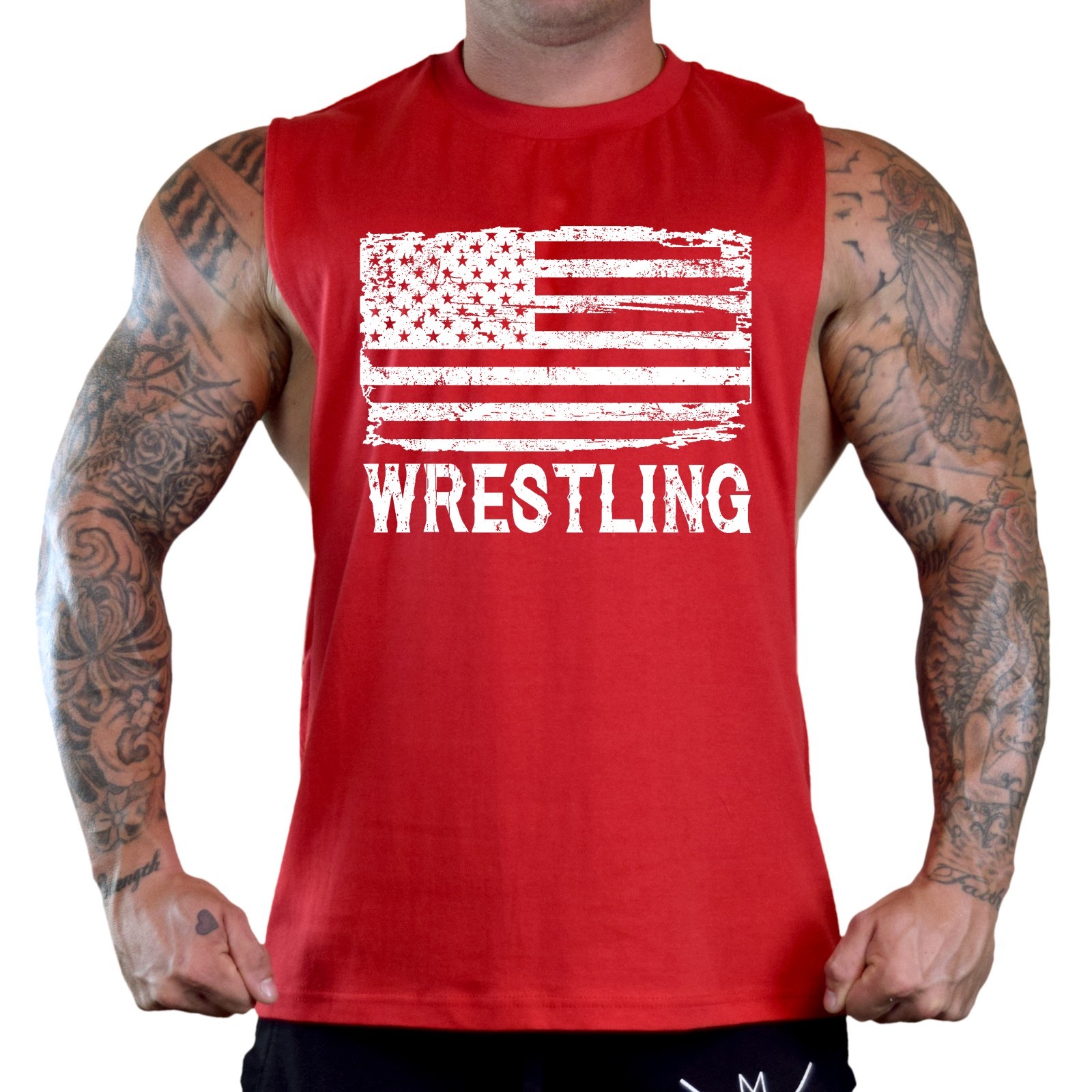 Men's Wrestling American Flag Red T-Shirt Tank Top