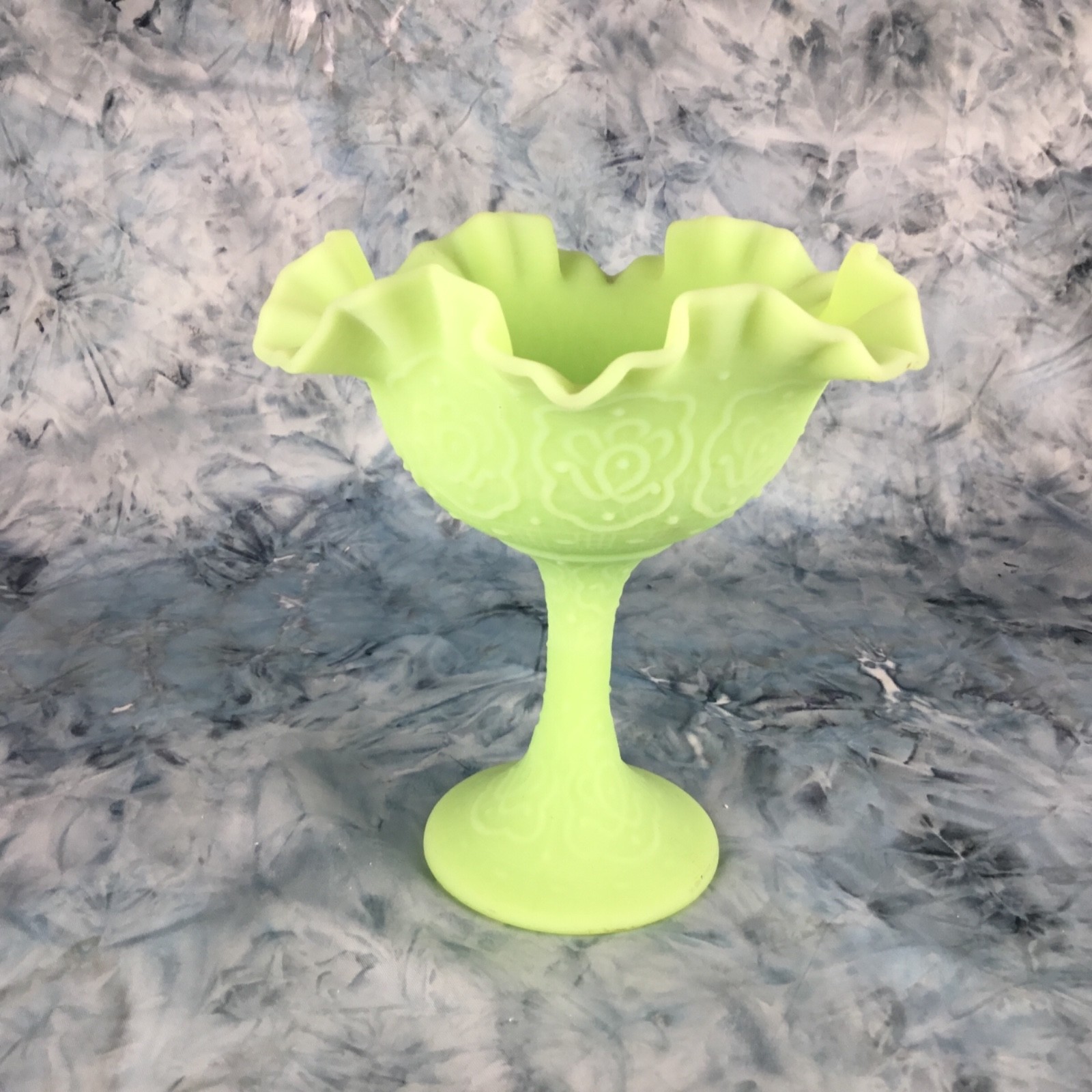 Fenton Glass Lime Sherbert Green Satin Pedestal Dish Persian Medallion Design