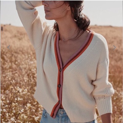 Marine Layer Cotton Wool Robin Long Sleeve Pink Stripe Crop Cardigan in Ivory L