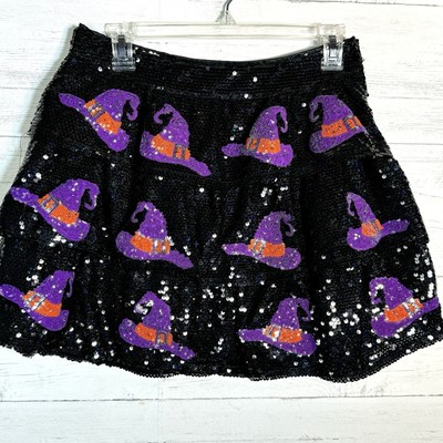 Peach Love Halloween Tiered Sequin Mini Skirt Black Purple Witch Hats Size L