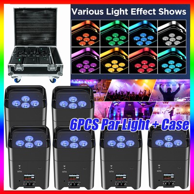 6PC 6X18W LED Wireless Par Light Battery Powered RGBWA+UV Uplight+Flight Case US