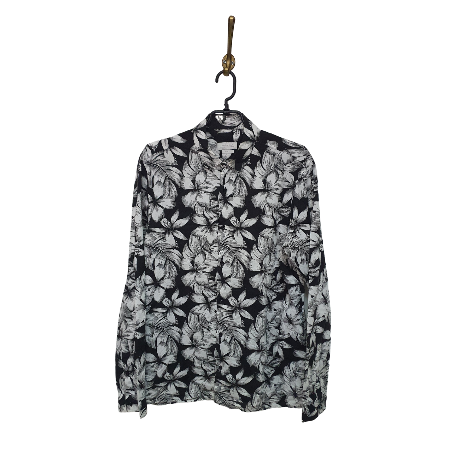 Zara Men Floral Black White Long Sleeve Shirt Cotton Slim