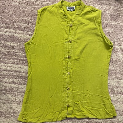 Eucalyptus Sleeveless Green Shirt Button Womens Sz M Hand Crafted Embroidered EX