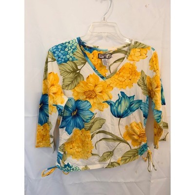 Caribbean Joe Womens M Floral V-Neck 3/4 Sleeve Cinch Side Top Yellow Blue White