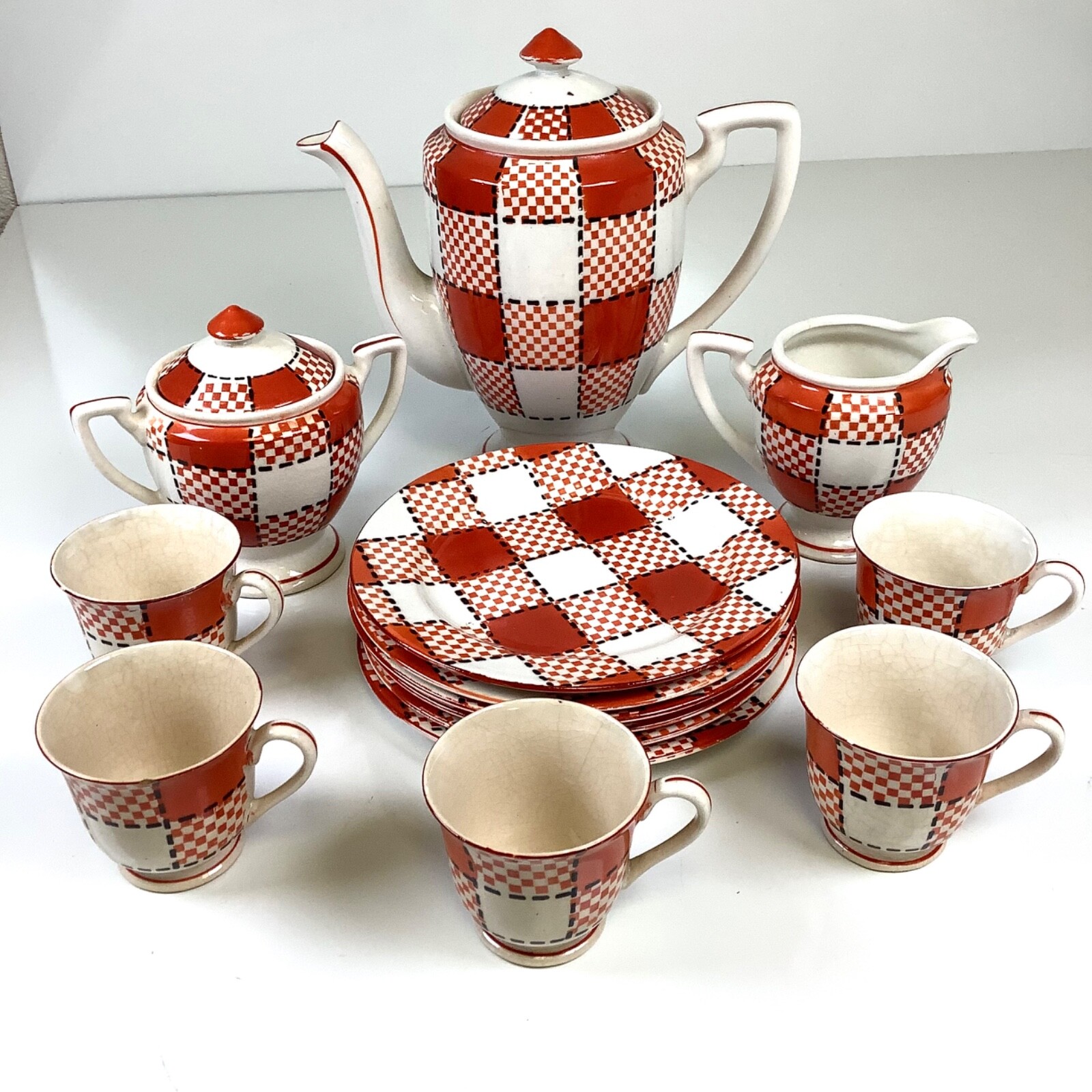Vtg 14 Pc Set Kikusui Japan CHECKERS Ceramic Pitcher Creamer MCM - Thumbnail 4