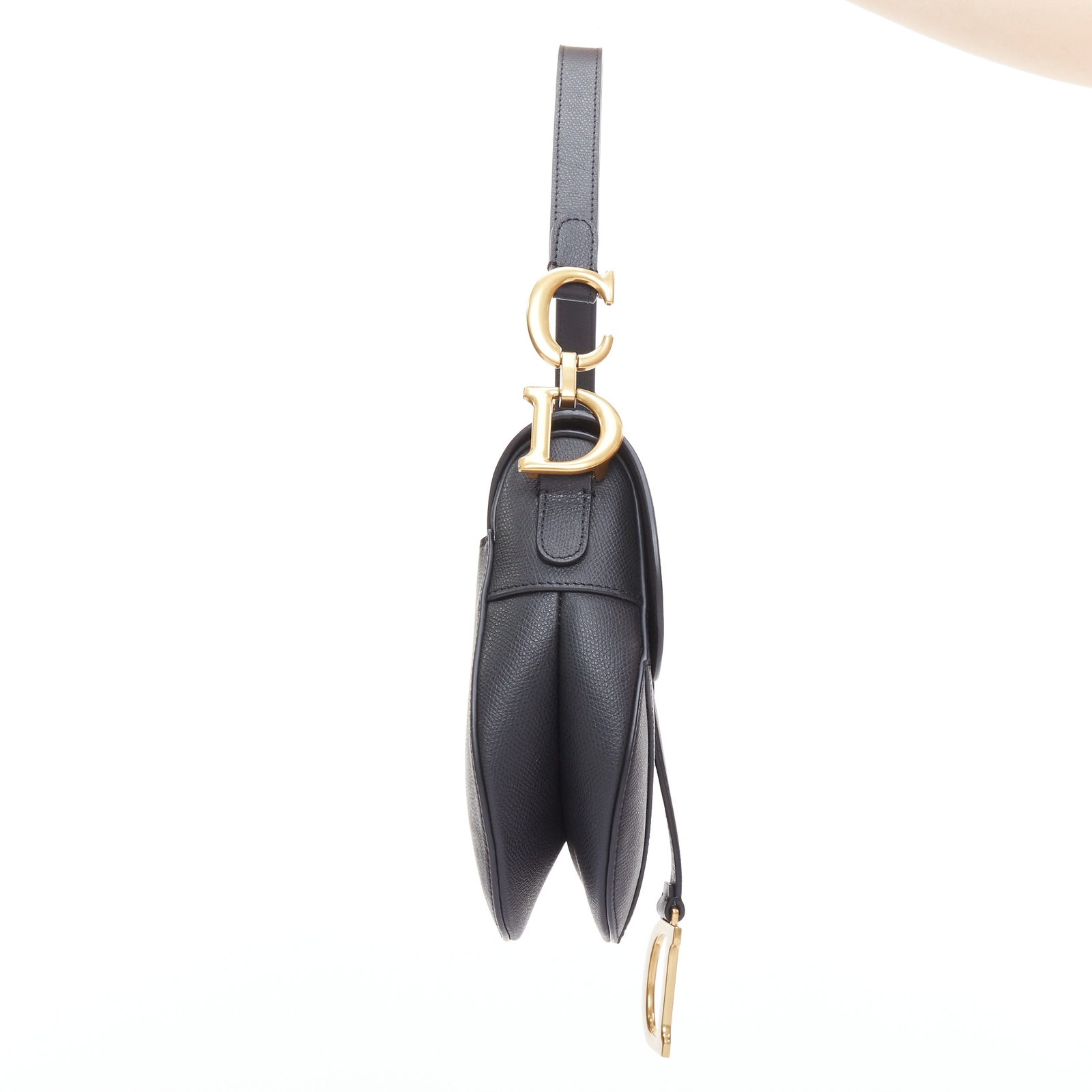 CHRISTIAN DIOR Saddle black textured leather gold CD