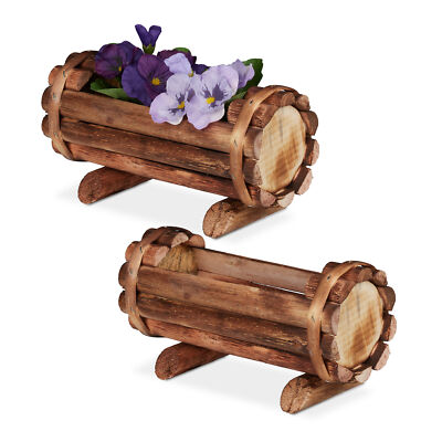 Pflanzengefäß Holz, Blumenfass 2 Stück, Gartendeko, Holzdeko, Pflanzfass Garten