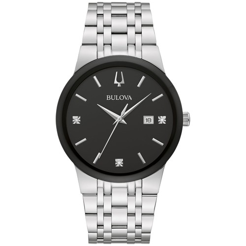 Pre-owned Bulova Men Modern Silver Stainless Diamond Quartz Watch Black Dial 40mm 96d154