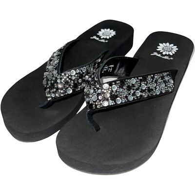 Yellow Box Flip Flops Jeweled Sparkle Rhinestone Beaded Wedge Sandals Jarvis