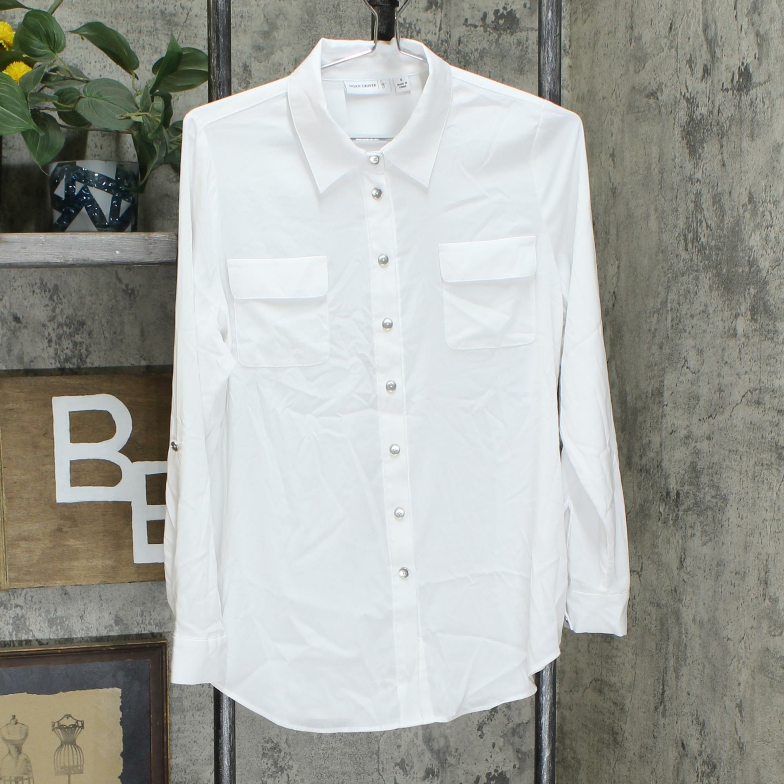 Susan Graver Womens Stretch Woven Button Front Long. A264455 White Reg 4