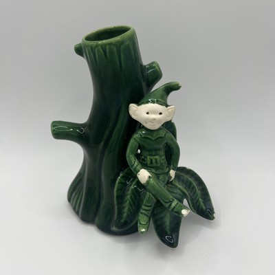 Treasure Craft Small Vase Green Pixie Elf Sprite on Tree Vintage 1960s 5'' x 3.5''