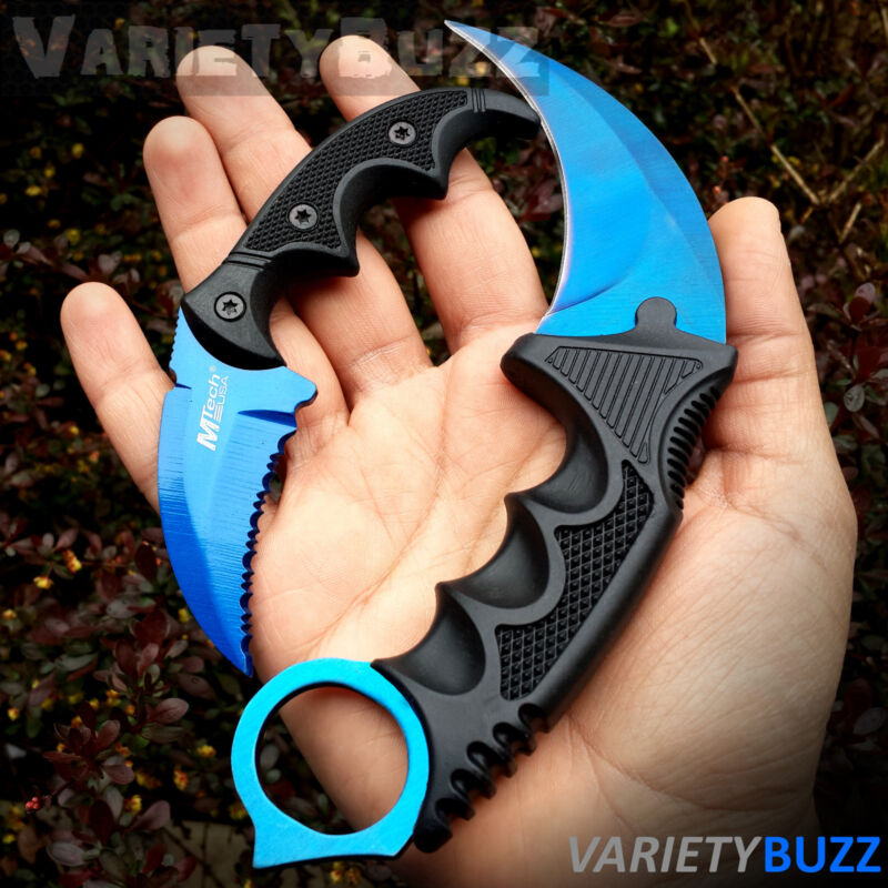 2pc Tactical Karambit Neck Knife Survival Hunting Bowie Fixed Blade +sheath Blue