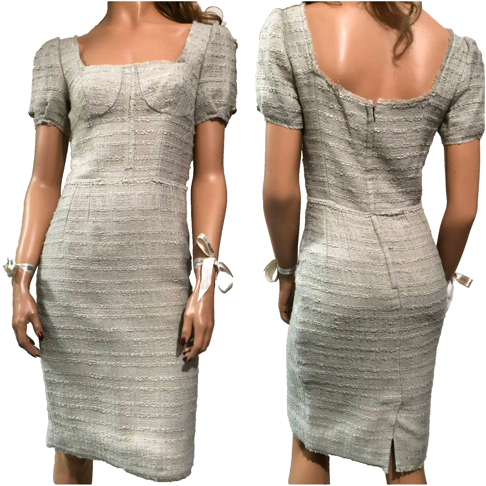 Dolce & Gabbana Rare Tweed Bustier Wool Sheath Pencil Gray Beige Dress IT38