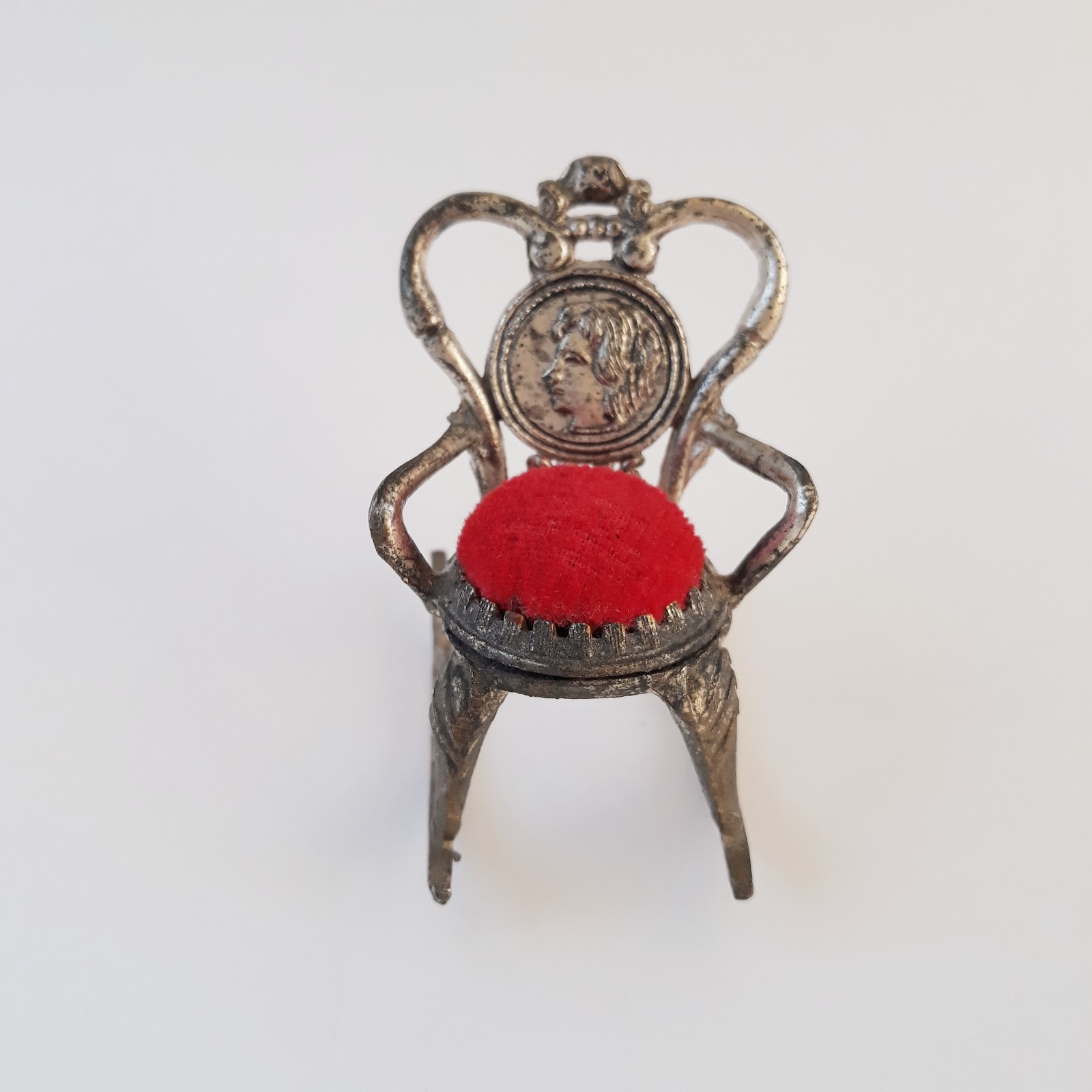 Vintage Rocking Chair Pin Cushion Metal Red Velvet Seat Face On Back