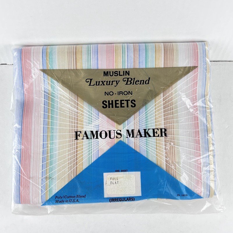 NIP vintage 70s FAMOUS MAKER STRIPED FLAT SHEET muslin luxury blend 80s USA NOS