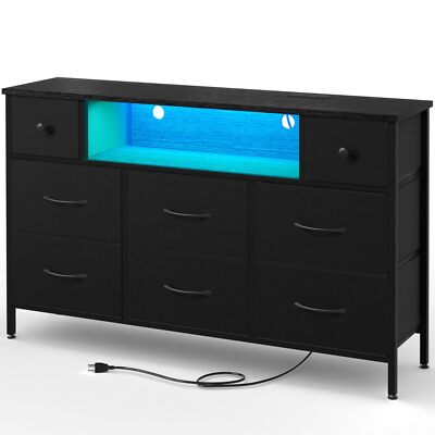 Dresser for Bedroom with Power Outlets and LED Lights, Black 55" TV Stand wit...