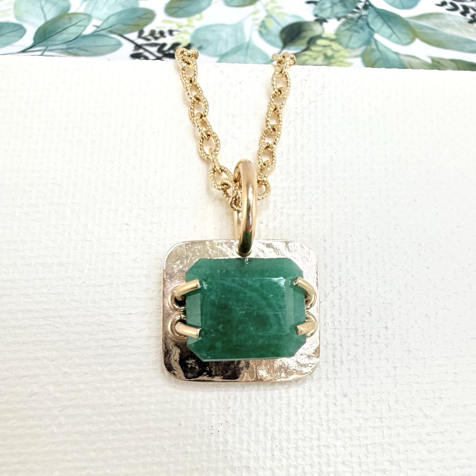 14k Yellow Gold Genuine Emerald Modernist Unisex Pendant, Newly Handcrafted 7ct - Picture 1 of 8