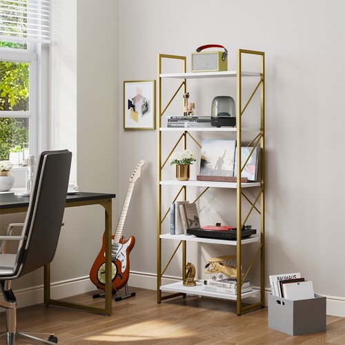 Industrial 5-Tier Gold Bookshelf Rustic Bookcase Display Rac