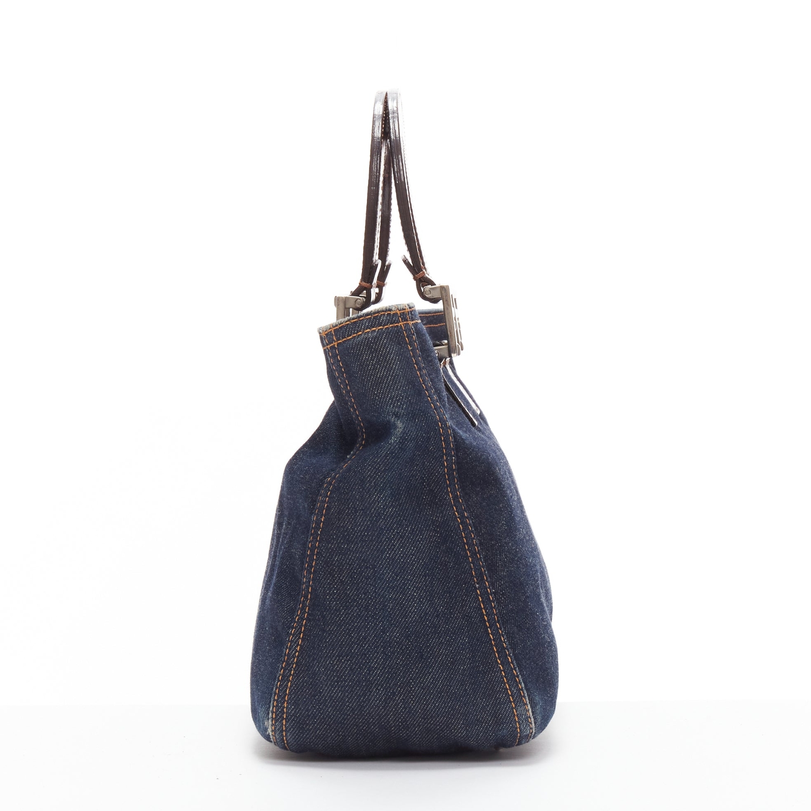 FENDI Vintage Twin dark blue denim FF buckle brown handle FENDI Vintage Twin dark blue denim FF buckle brown handle