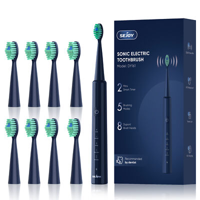 SEJOY Sonic Electric Toothbrush USB Rechargeable W/ 8 Duponts Brush Heads 5Modes