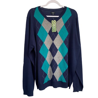 NWT Mens Apt 9 XXL V-Neck Sweater Merino Wool Argyle Blue Turquoise Gray LS