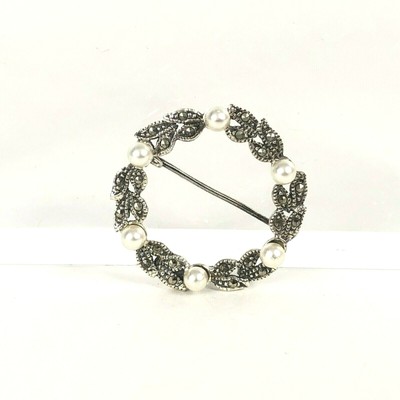 Marcasite Created Pearls Wreath Circle Pin Sterling Silver 925 Estate Jewelry