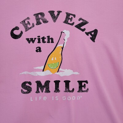 Life Is Good Crusher-Lite Long Sleeve Tee Pink Cerveza Beer Bottle Women's L