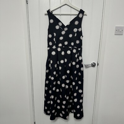 Oasis Cross Back Scuba Midi Dress Black Polk Dot Size 14 NWT Flare