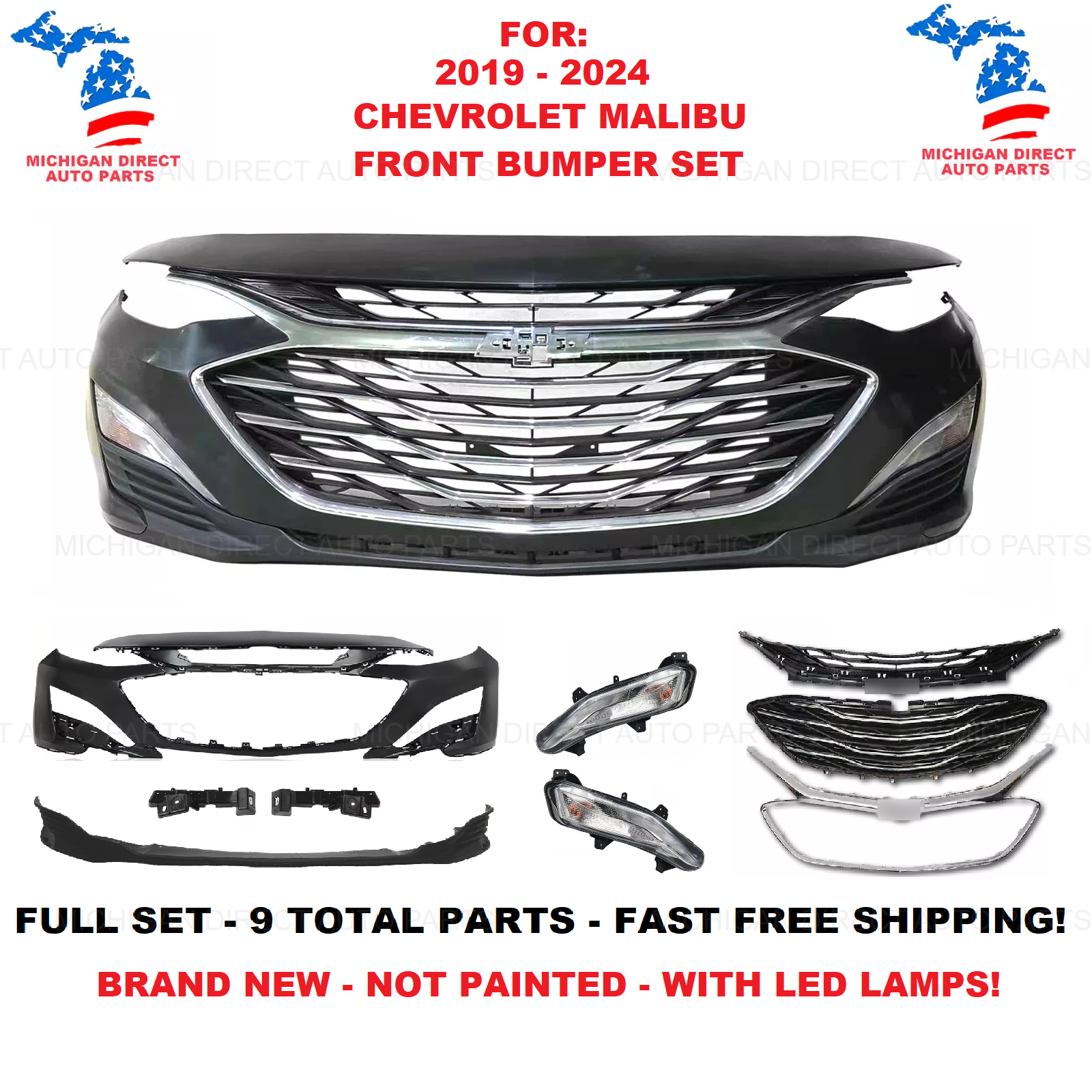 For 2019-2024 Chevy Malibu Front Bumper Cover Upper & Lower Grille Fog Light Set