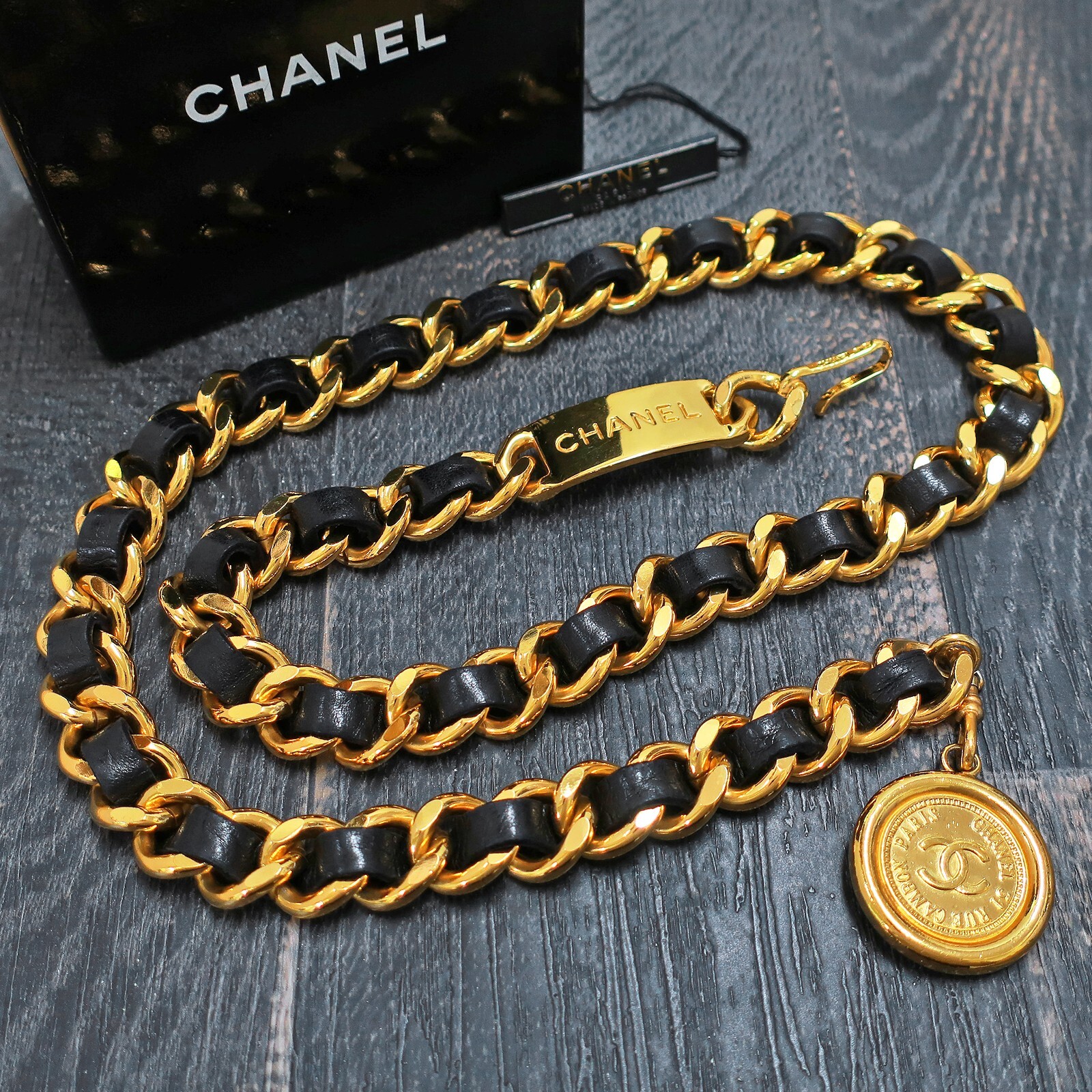 CHANEL Gold Plated Black Leather CC Logos Coin Vintage Chain CHANEL Gold Plated Black Leather CC Logos Coin Vintage Chain