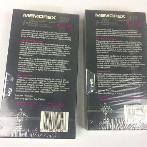 2 MEMOREX HS T-120 6 Hour Blank VHS Tapes (New/Factory Sealed)