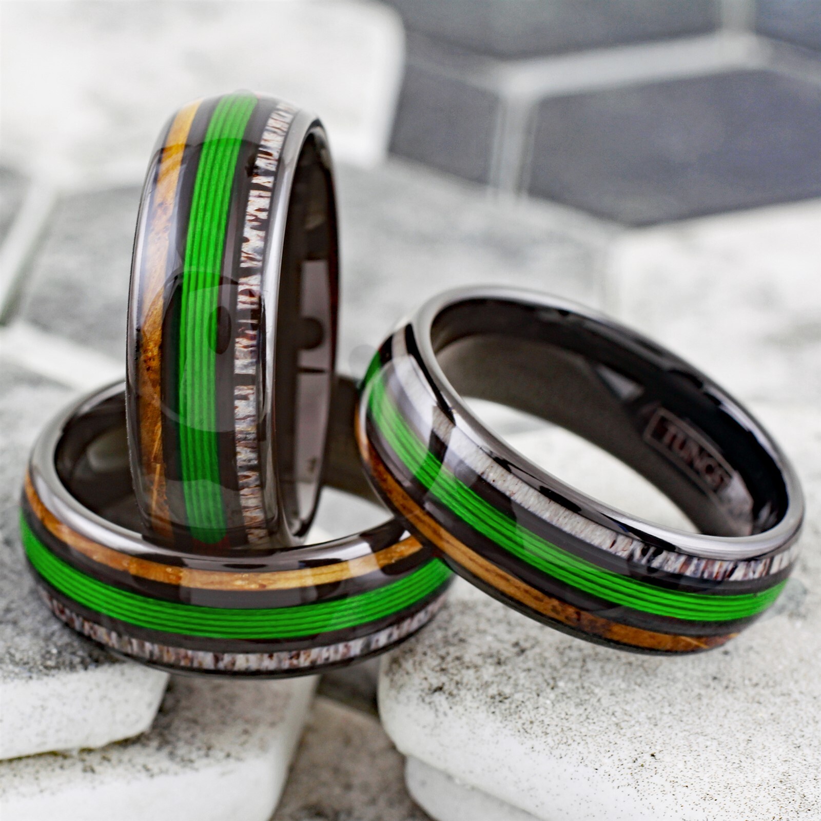 Black Tungsten Carbide Ring Green Fishing Line-Whiskey Barrel & Deer Antler Band