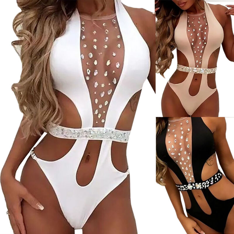 Sommer Damen Einteiler Badeanzug Sexy Strass Monokini Bikini Ausschnitt Bademode