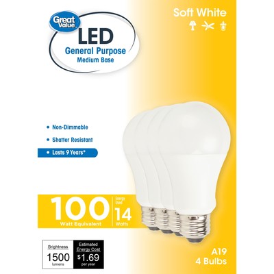 Great Value LED Light Bulb, 14 Watts (100W Equivalent) A19 General Purpose Lamp