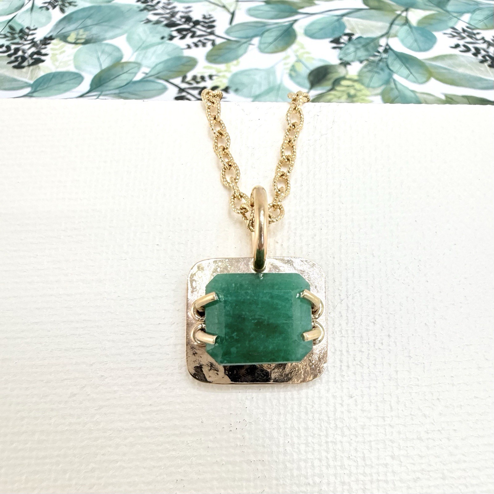 14k Yellow Gold Genuine Emerald Modernist Unisex Pendant, Newly Handcrafted 7ct - Picture 5 of 8