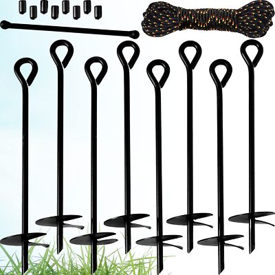 Shed Anchor Kit 8 pk 15'' - Metal Torque Bar 25 Feet Long Rope and Carrying Sa...