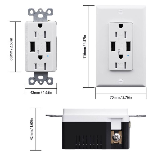 USB Charger Wall Outlet Dual USB Ports Tamper Resistant TR Receptacle with Plate