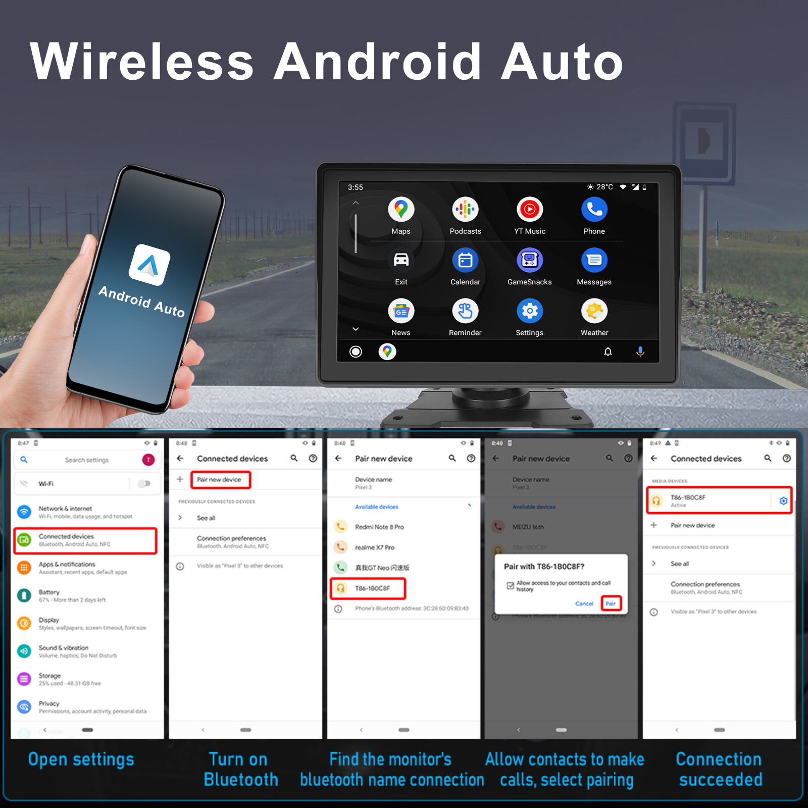 7" Portable Wireless Apple Carplay Car Stereo Android Auto BT Touch Screen Radio